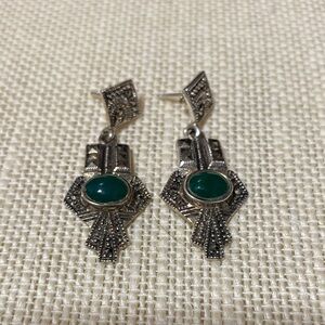 Elegant 925 sterling Silver marcasite and Green aventurine gemstone Earrings